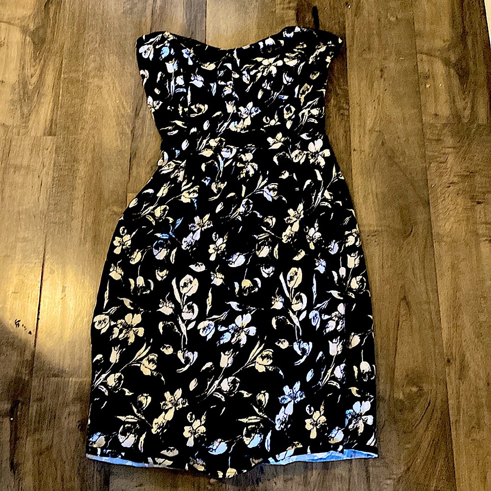 strapless black dress with white flowers